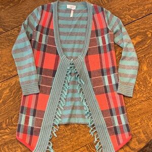 Matilda Jane 435 Aqua and Red Plaid Cardigan Sweater Girls Size 8